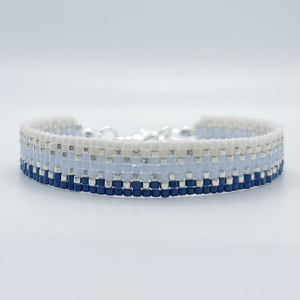 Cora Beaded Bracelet - Blue and Ivory Ombré with Silver