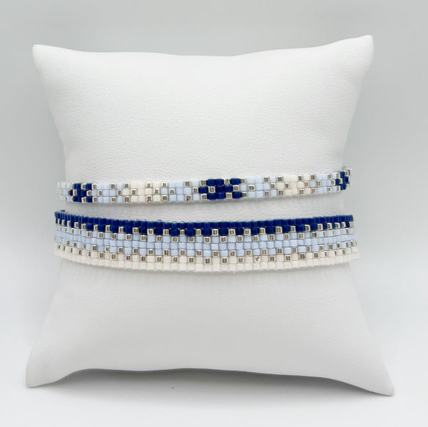 Cora Beaded Bracelet - Blue and Ivory Ombré with Silver