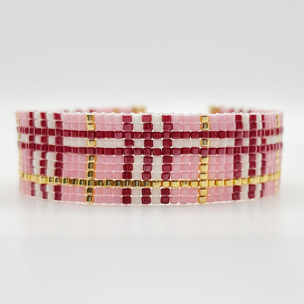 Plaid Beaded Bracelet - Pink, Red & Gold