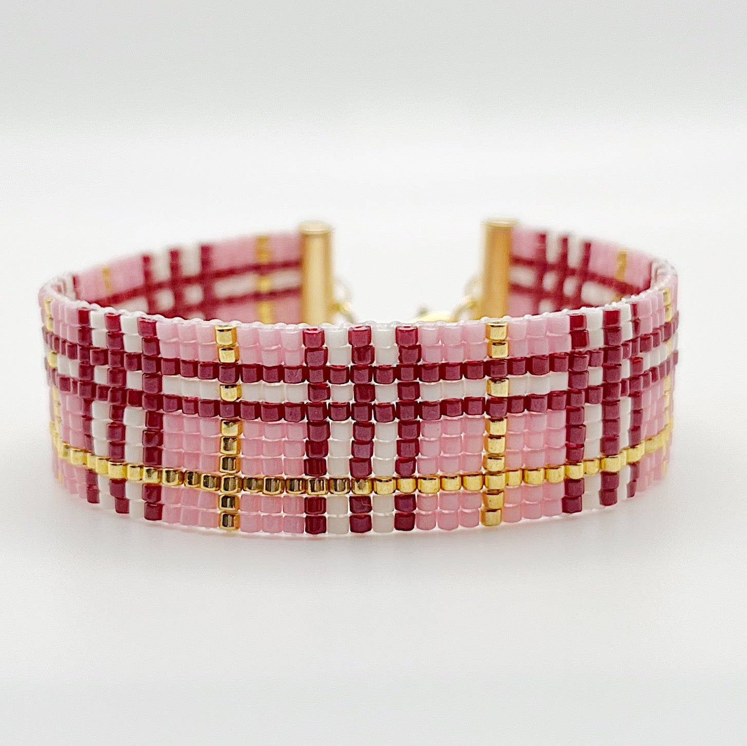 Plaid Beaded Bracelet - Pink, Red & Gold