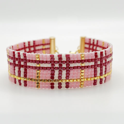 Plaid Beaded Bracelet - Pink, Red & Gold