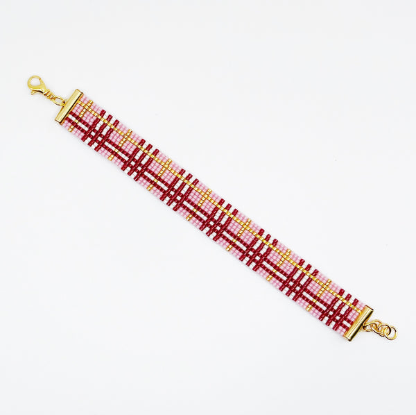 Plaid Beaded Bracelet - Pink, Red & Gold