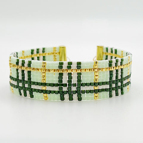 Plaid Beaded Bracelet - Light Green & Gold