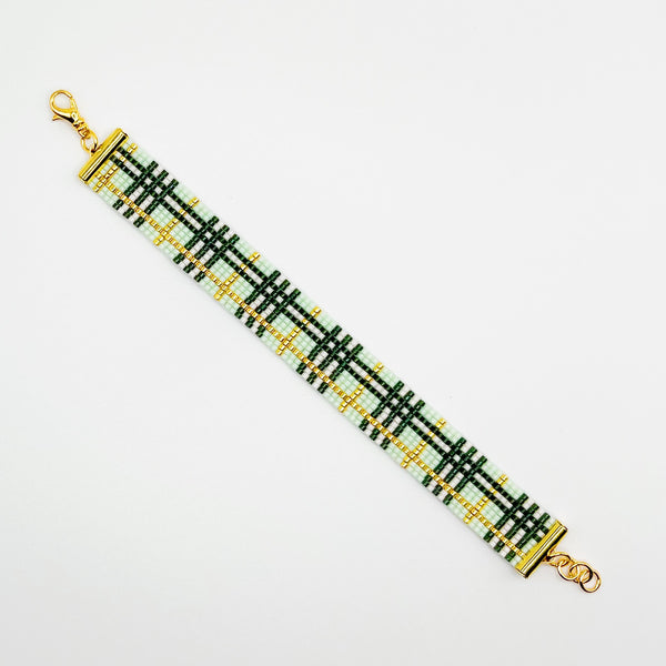 Plaid Beaded Bracelet - Light Green & Gold