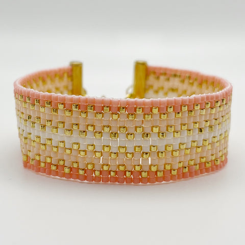 Double Cora Beaded Bracelet - Light Corals, Ivory & Gold