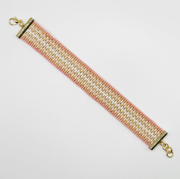 Double Cora Beaded Bracelet - Light Corals, Ivory & Gold